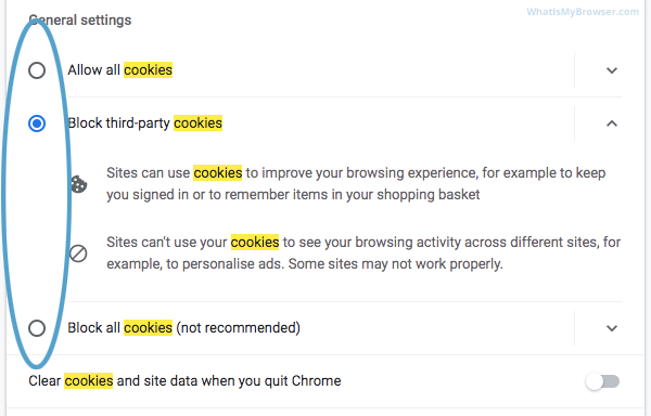 La ventana Configuración de cookies