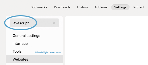 The settings search bar with the search term 'JavaScript'